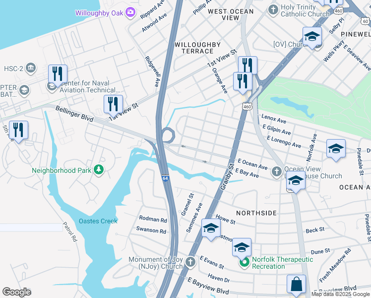 map of restaurants, bars, coffee shops, grocery stores, and more near 187 West Ocean Avenue in Norfolk