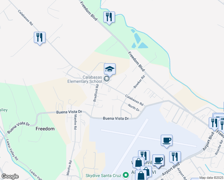 map of restaurants, bars, coffee shops, grocery stores, and more near 202 Calabasas Road in Watsonville