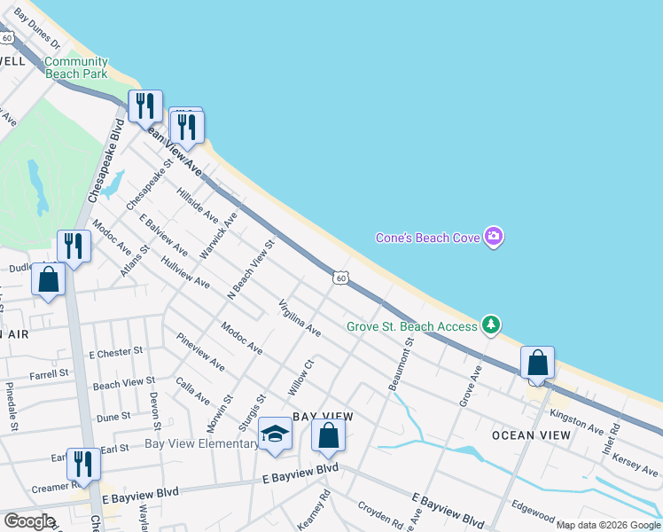 map of restaurants, bars, coffee shops, grocery stores, and more near 1358 East Ocean View Avenue in Norfolk