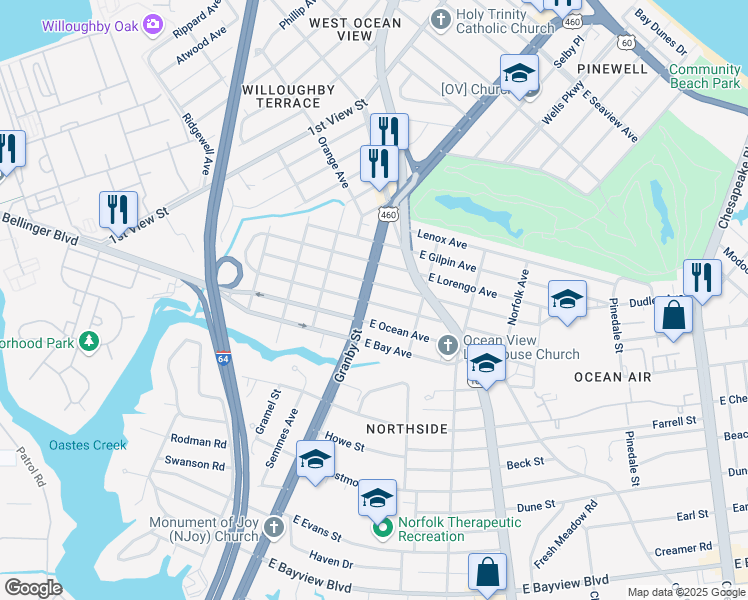 map of restaurants, bars, coffee shops, grocery stores, and more near 9115 Granby Street in Norfolk
