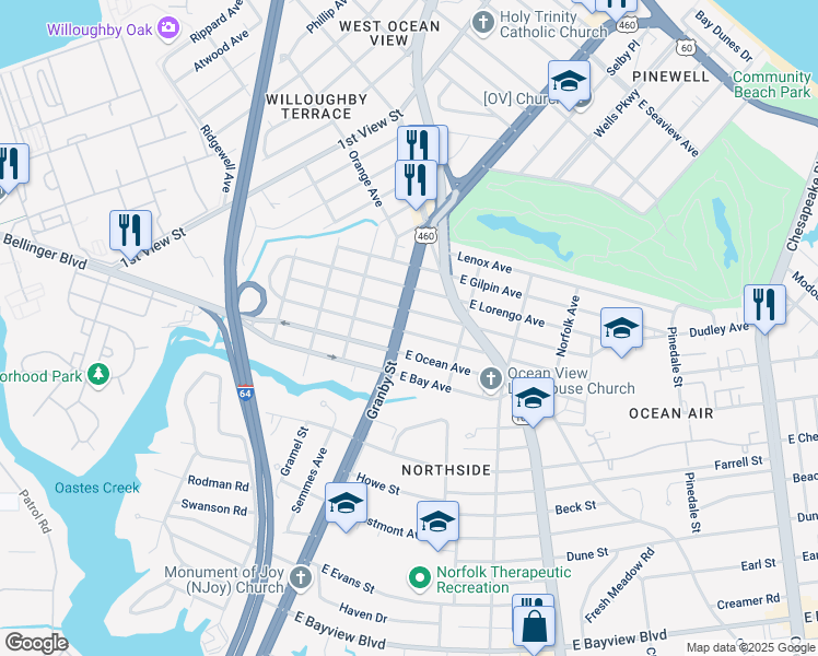 map of restaurants, bars, coffee shops, grocery stores, and more near 9115 Granby Street in Norfolk