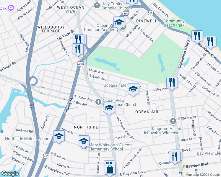 map of restaurants, bars, coffee shops, grocery stores, and more near 313 East Lorengo Avenue in Norfolk