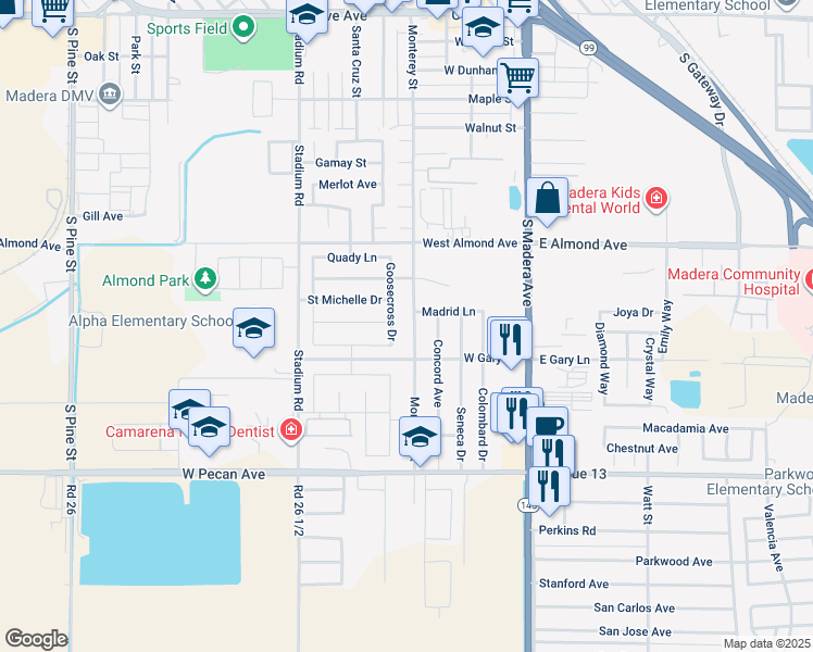 map of restaurants, bars, coffee shops, grocery stores, and more near 504 Saint Michelle Drive in Madera