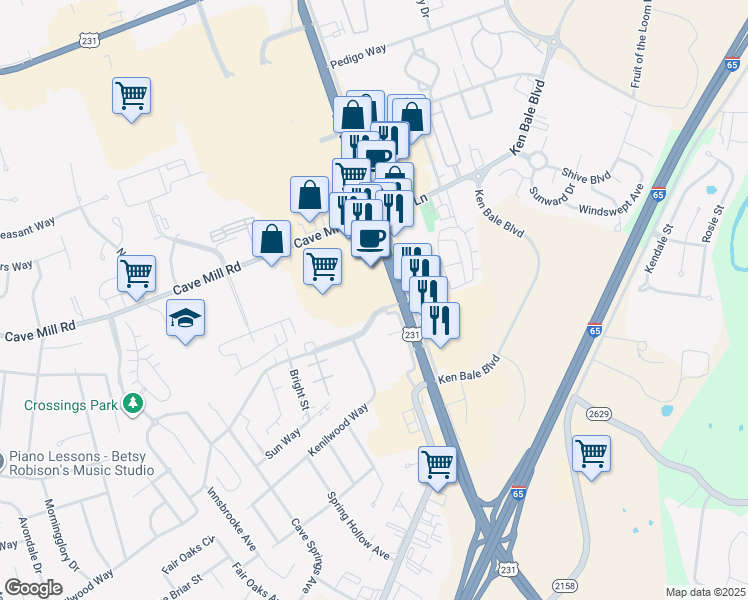 map of restaurants, bars, coffee shops, grocery stores, and more near 3035 Scottsville Road in Bowling Green