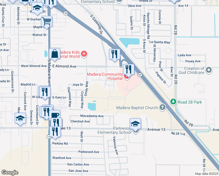 map of restaurants, bars, coffee shops, grocery stores, and more near 1025 Barnett Way in Madera
