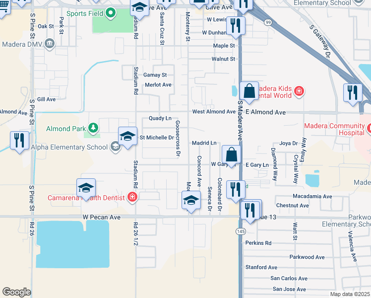 map of restaurants, bars, coffee shops, grocery stores, and more near 504 Saint Michelle Drive in Madera