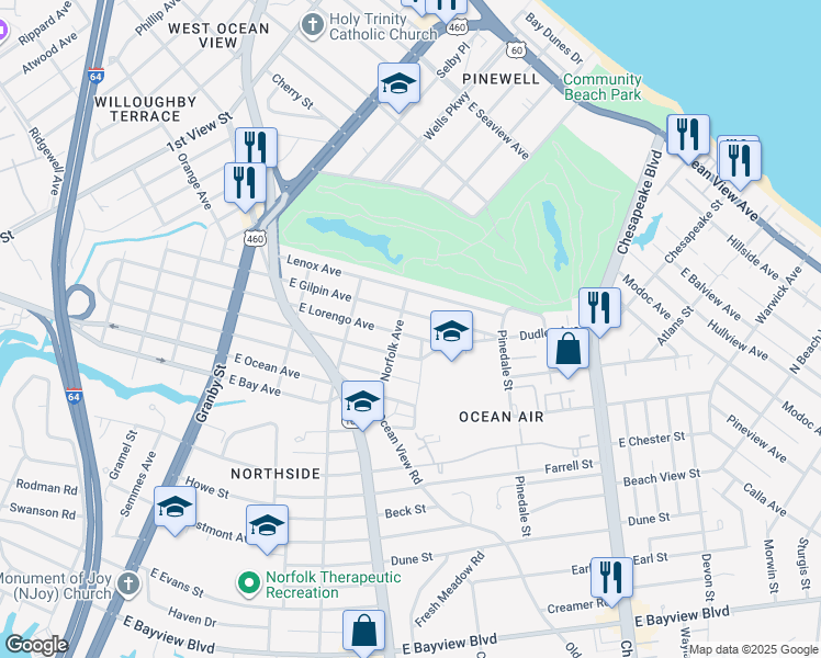 map of restaurants, bars, coffee shops, grocery stores, and more near 412 East Gilpin Avenue in Norfolk