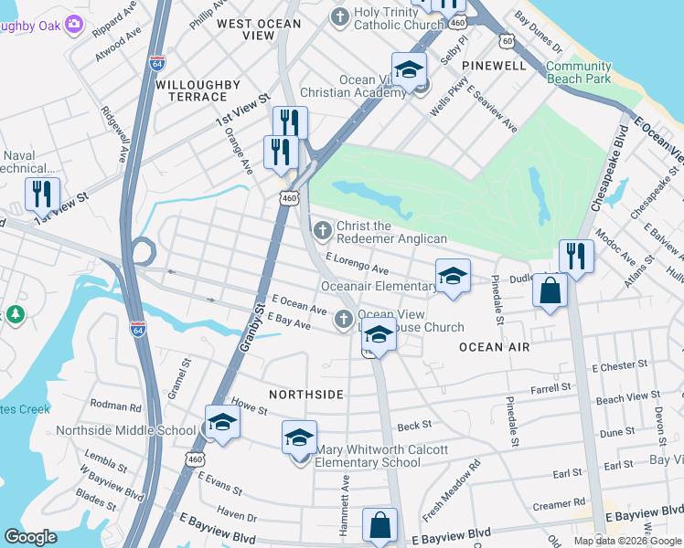 map of restaurants, bars, coffee shops, grocery stores, and more near 207 East Lorengo Avenue in Norfolk