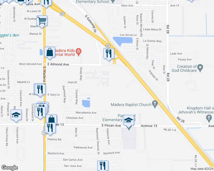 map of restaurants, bars, coffee shops, grocery stores, and more near 1025 Barnett Way in Madera