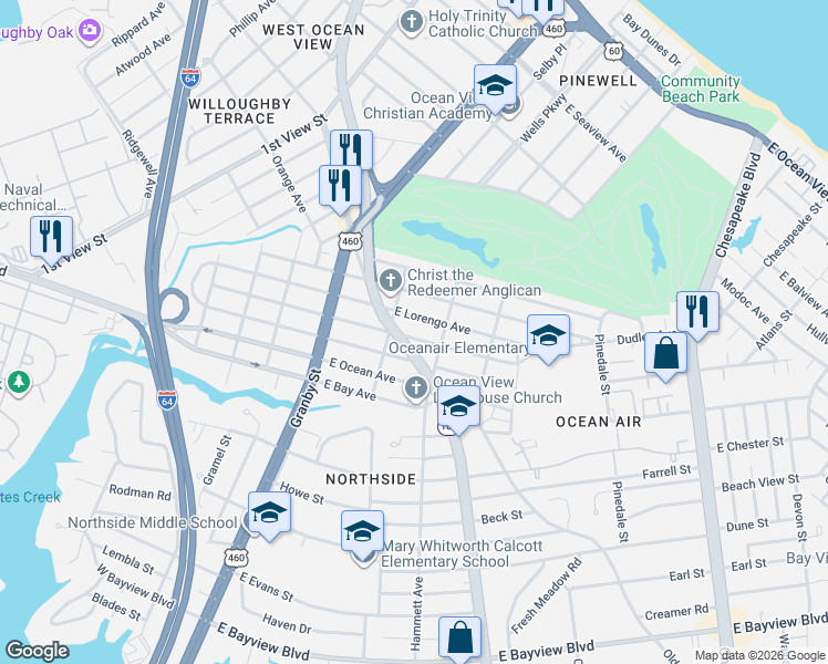 map of restaurants, bars, coffee shops, grocery stores, and more near 207 East Lorengo Avenue in Norfolk