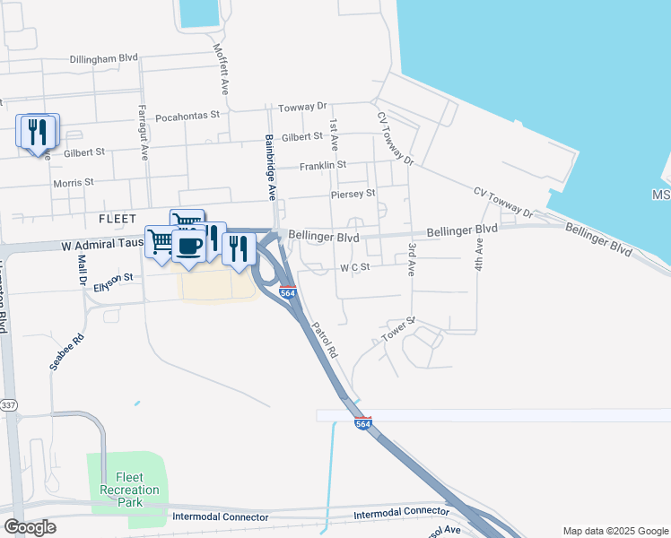 map of restaurants, bars, coffee shops, grocery stores, and more near 311 West C Street in Norfolk