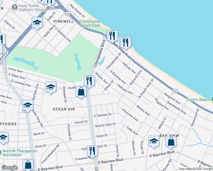 map of restaurants, bars, coffee shops, grocery stores, and more near 1019 Modoc Avenue in Norfolk