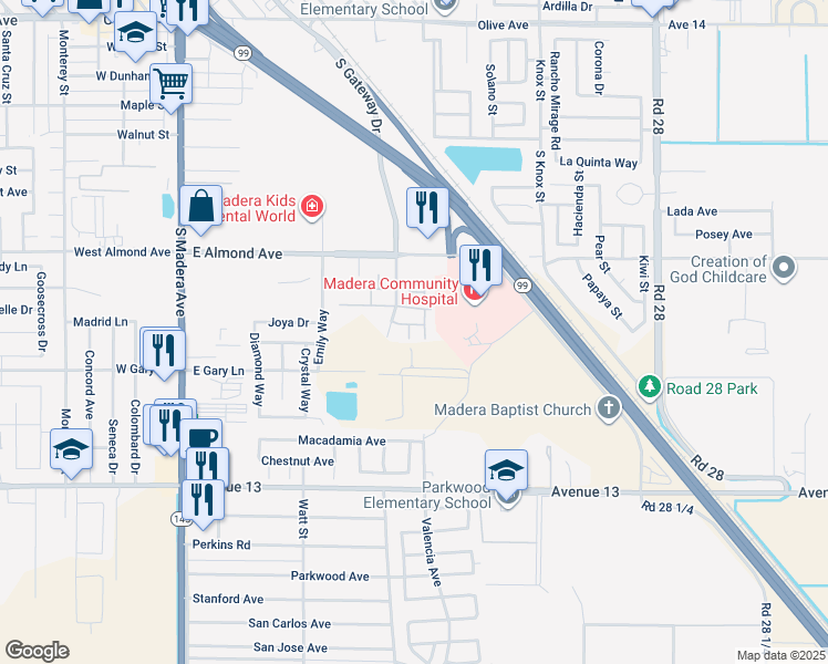 map of restaurants, bars, coffee shops, grocery stores, and more near 1025 Barnett Way in Madera