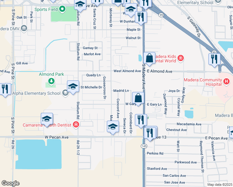 map of restaurants, bars, coffee shops, grocery stores, and more near 387 Madrid Lane in Madera