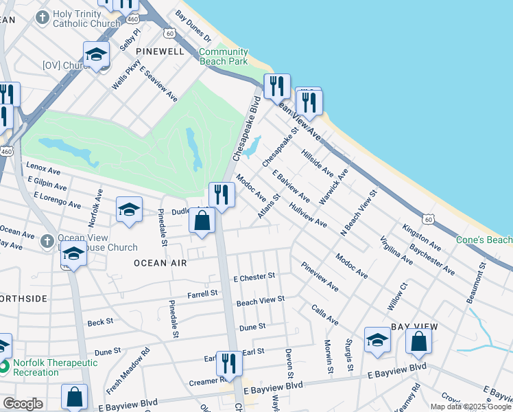 map of restaurants, bars, coffee shops, grocery stores, and more near 1019 Modoc Avenue in Norfolk