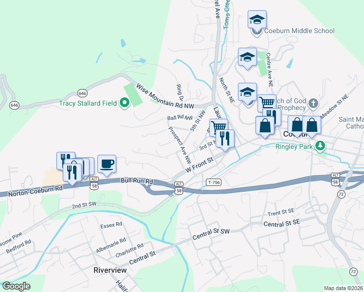 map of restaurants, bars, coffee shops, grocery stores, and more near 301 Prospect Avenue Northwest in Coeburn