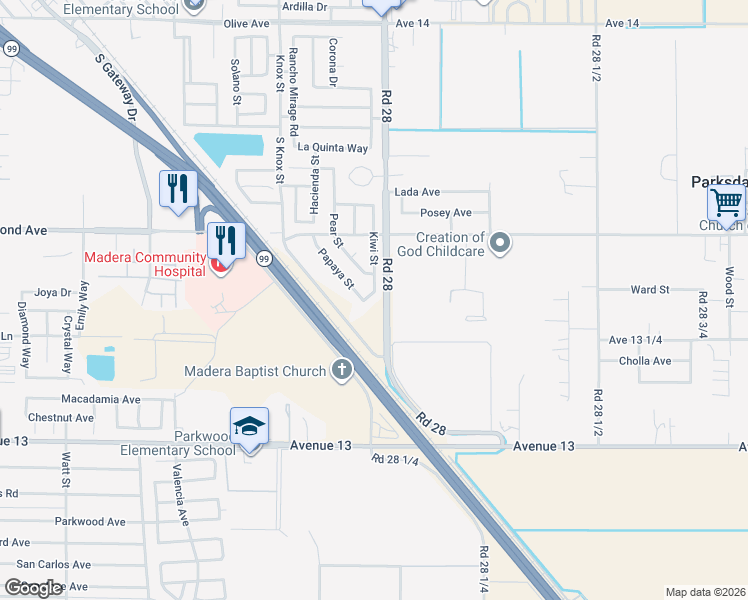 map of restaurants, bars, coffee shops, grocery stores, and more near 1456 Grape Street in Madera