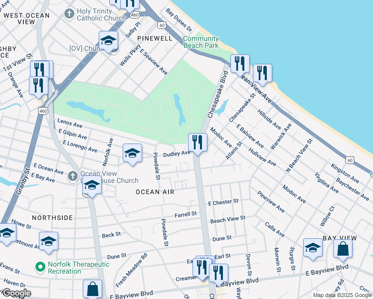 map of restaurants, bars, coffee shops, grocery stores, and more near 722 Dudley Avenue in Norfolk