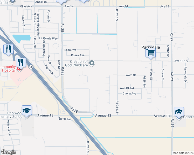 map of restaurants, bars, coffee shops, grocery stores, and more near 13374 Fern Street in Madera