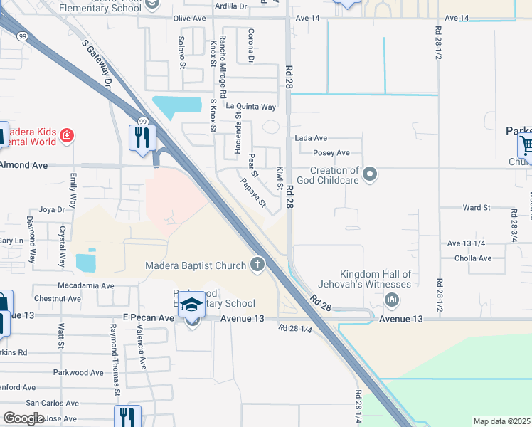 map of restaurants, bars, coffee shops, grocery stores, and more near 1006 Papaya Street in Madera