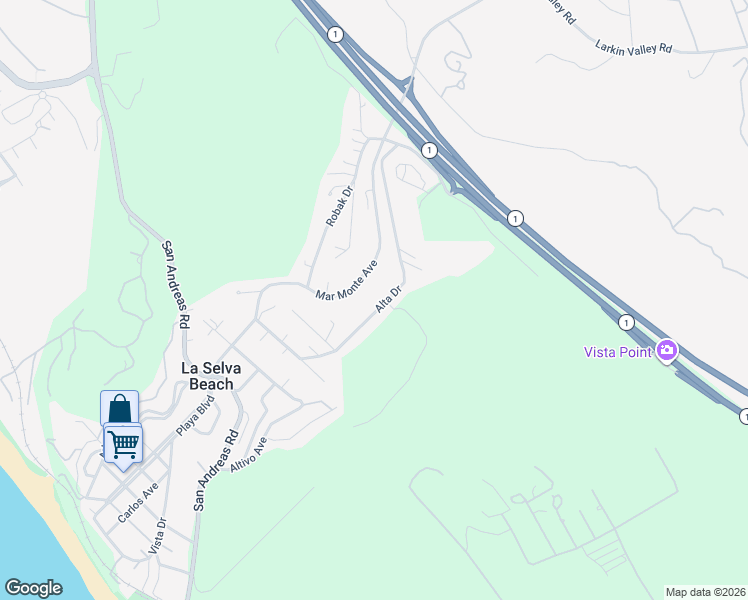 map of restaurants, bars, coffee shops, grocery stores, and more near 57 Mar Monte Avenue in La Selva Beach