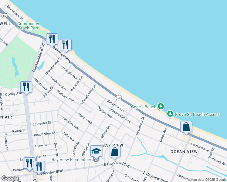 map of restaurants, bars, coffee shops, grocery stores, and more near 1358 East Ocean View Avenue in Norfolk