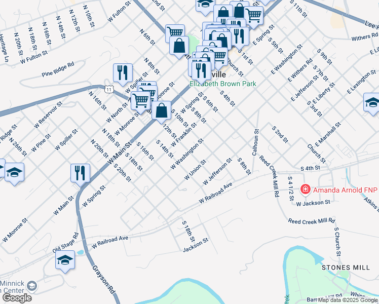 map of restaurants, bars, coffee shops, grocery stores, and more near South 12th Street in Wytheville