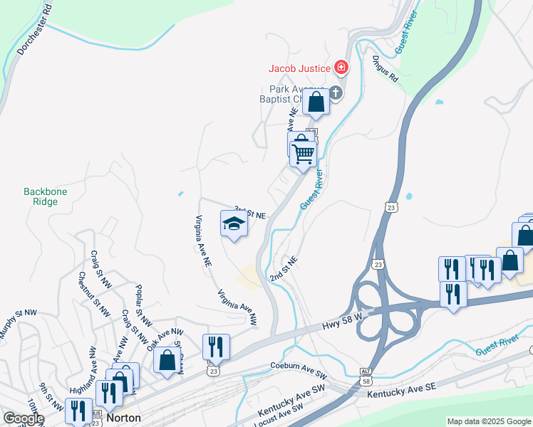 map of restaurants, bars, coffee shops, grocery stores, and more near 302 Park Avenue Northeast in Norton