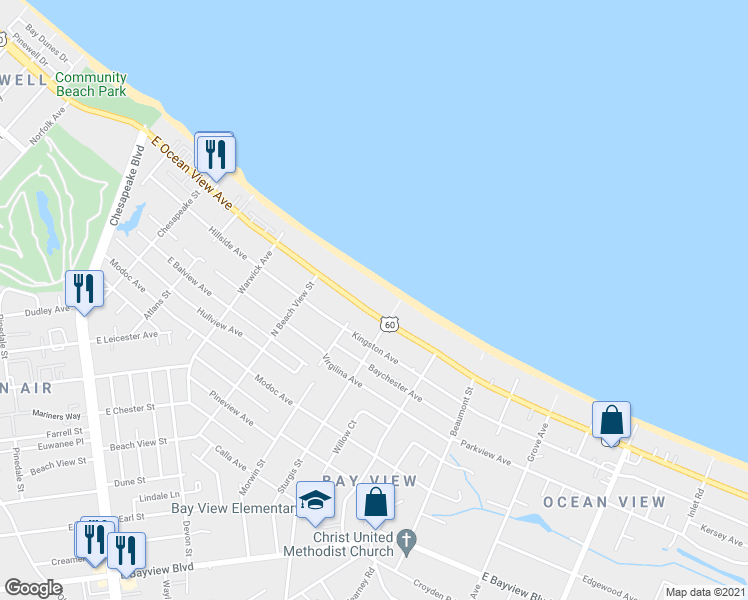 map of restaurants, bars, coffee shops, grocery stores, and more near 1358 East Ocean View Avenue in Norfolk