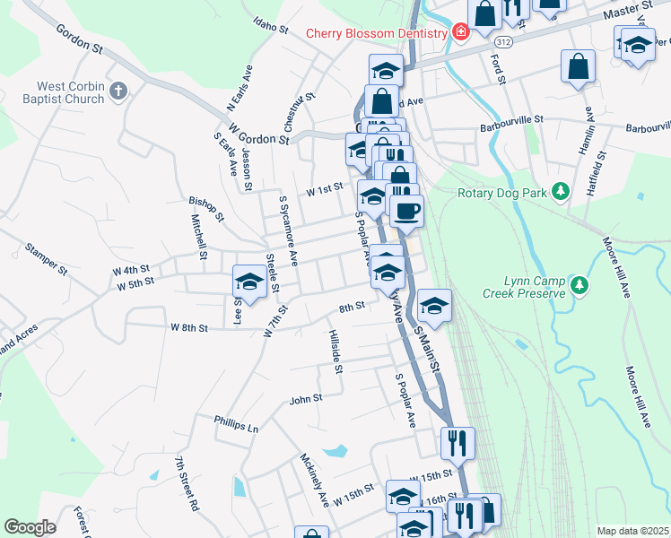 map of restaurants, bars, coffee shops, grocery stores, and more near 502 South Walnut Avenue in Corbin