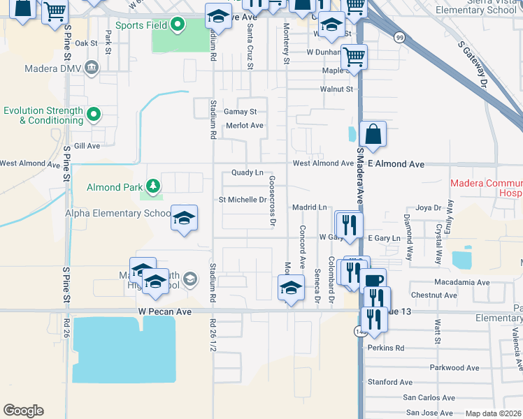 map of restaurants, bars, coffee shops, grocery stores, and more near 504 Saint Michelle Drive in Madera