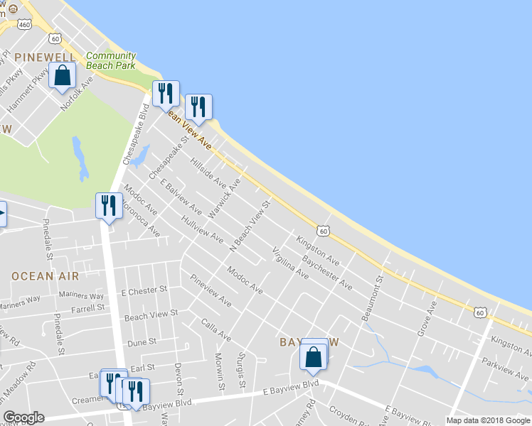 map of restaurants, bars, coffee shops, grocery stores, and more near 9626 North Beach View Street in Norfolk
