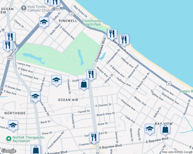 map of restaurants, bars, coffee shops, grocery stores, and more near 911 Apex Street in Norfolk