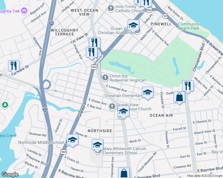 map of restaurants, bars, coffee shops, grocery stores, and more near 207 East Lorengo Avenue in Norfolk