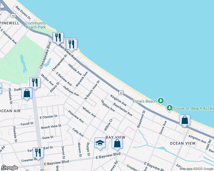map of restaurants, bars, coffee shops, grocery stores, and more near 1325 East Ocean View Avenue in Norfolk