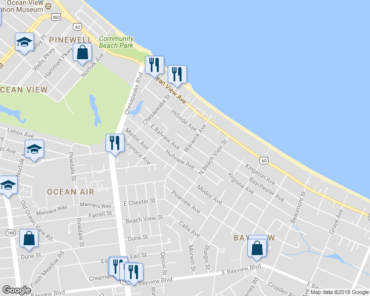 map of restaurants, bars, coffee shops, grocery stores, and more near 9521 Warwick Avenue in Norfolk