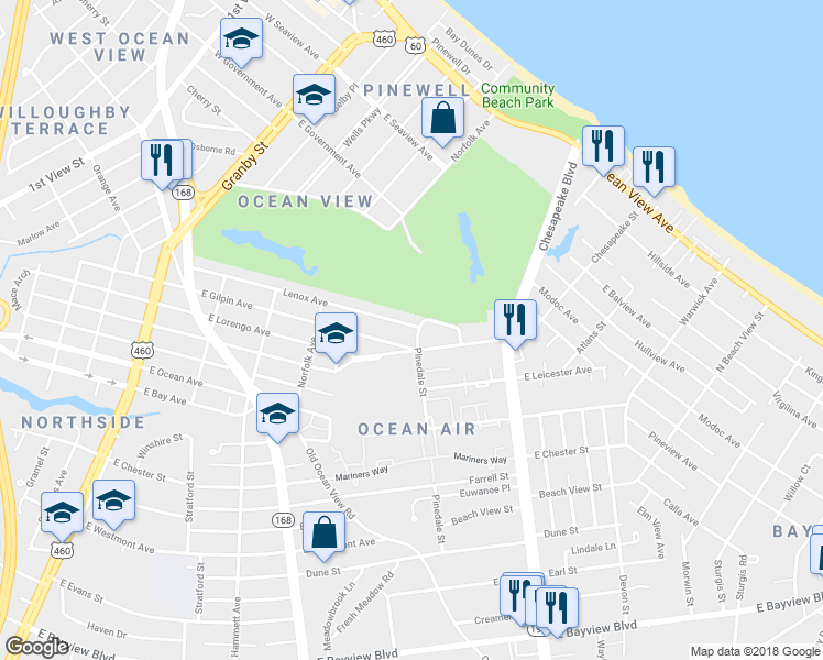 map of restaurants, bars, coffee shops, grocery stores, and more near 537 Lenox Avenue in Norfolk