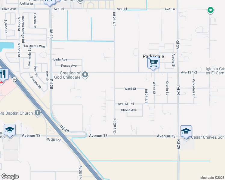 map of restaurants, bars, coffee shops, grocery stores, and more near 13394 Road 28 1/2 in Madera