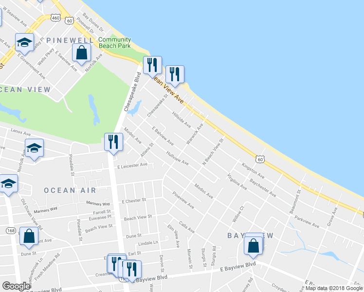 map of restaurants, bars, coffee shops, grocery stores, and more near 9521 Warwick Avenue in Norfolk