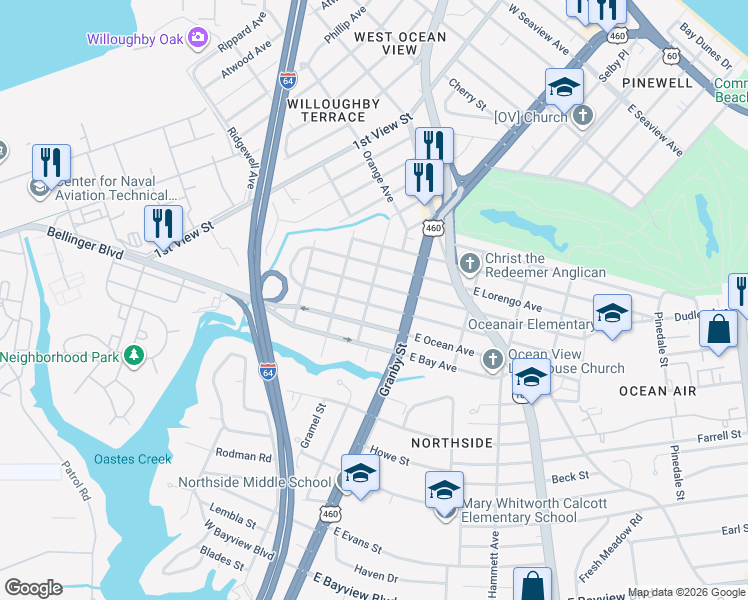 map of restaurants, bars, coffee shops, grocery stores, and more near 130 West Leicester Avenue in Norfolk