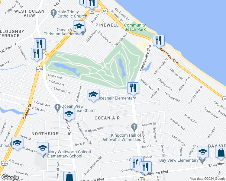 map of restaurants, bars, coffee shops, grocery stores, and more near 617 Green View Lane in Norfolk