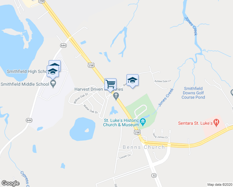 map of restaurants, bars, coffee shops, grocery stores, and more near 14311 Benns Church Boulevard in Smithfield