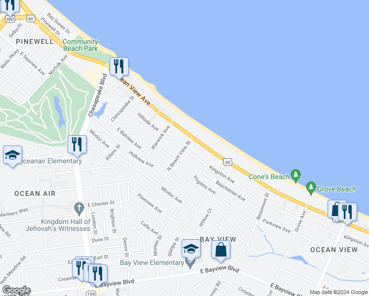 map of restaurants, bars, coffee shops, grocery stores, and more near 9626 North Beach View Street in Norfolk