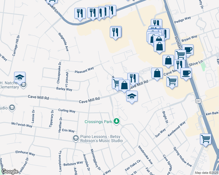 map of restaurants, bars, coffee shops, grocery stores, and more near 1750 Cave Mill Road in Bowling Green