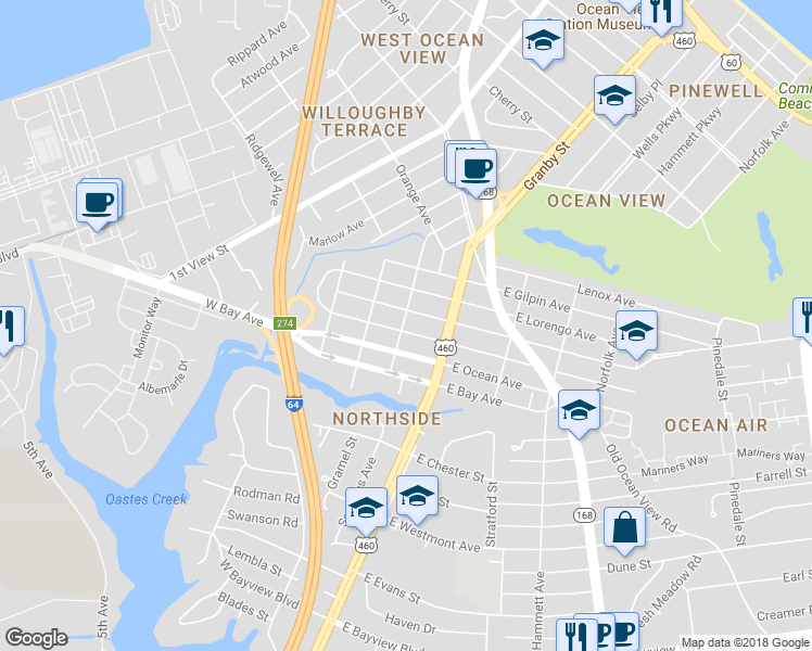 map of restaurants, bars, coffee shops, grocery stores, and more near 130 West Leicester Avenue in Norfolk