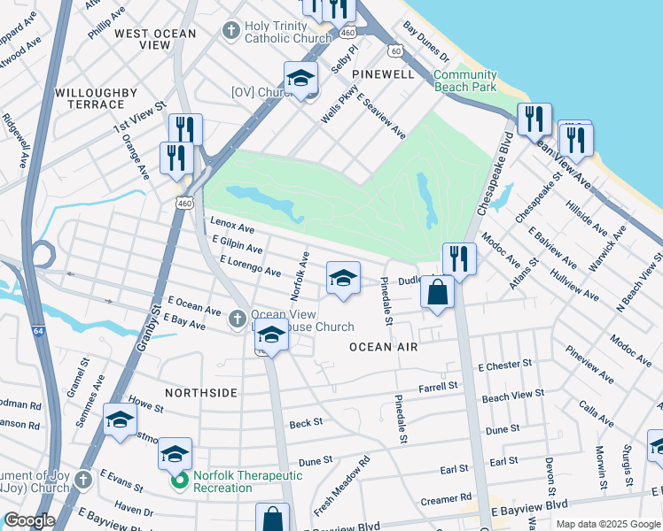 map of restaurants, bars, coffee shops, grocery stores, and more near 432 East Gilpin Avenue in Norfolk