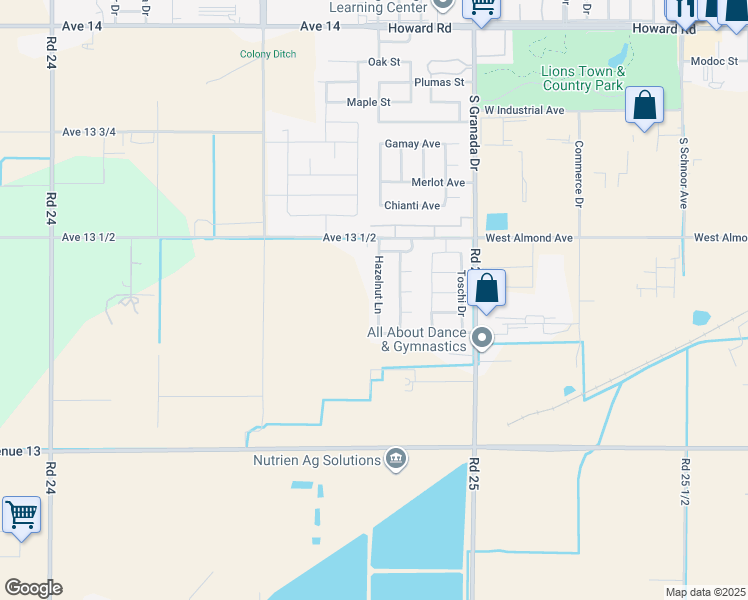 map of restaurants, bars, coffee shops, grocery stores, and more near 1166 Hazelnut Lane in Madera