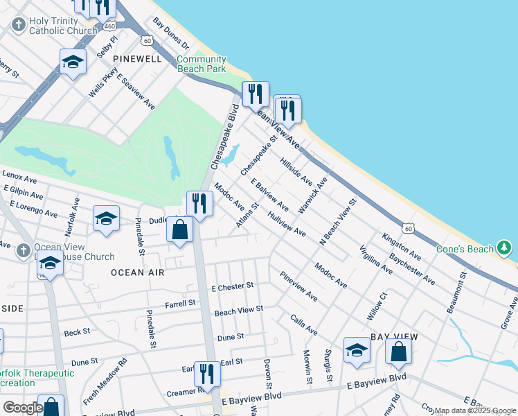 map of restaurants, bars, coffee shops, grocery stores, and more near 9430 Atlans Street in Norfolk