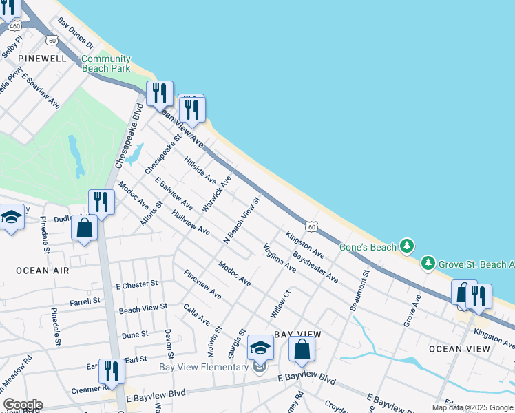 map of restaurants, bars, coffee shops, grocery stores, and more near 9626 North Beach View Street in Norfolk