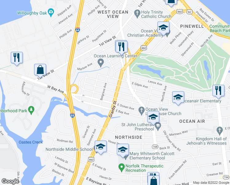 map of restaurants, bars, coffee shops, grocery stores, and more near 9115 Granby Street in Norfolk